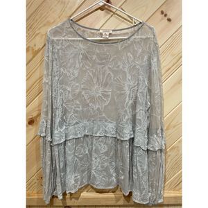 Sundance Women's Gray Sheer Embroidered Long-Sleeve Blouse Size XL